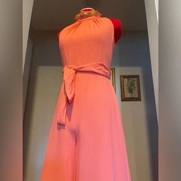 VTG 60s / 70s Coral Halter Wide / Balloon Leg Jumpsuit W Embellished Collar - Picture 5 of 13